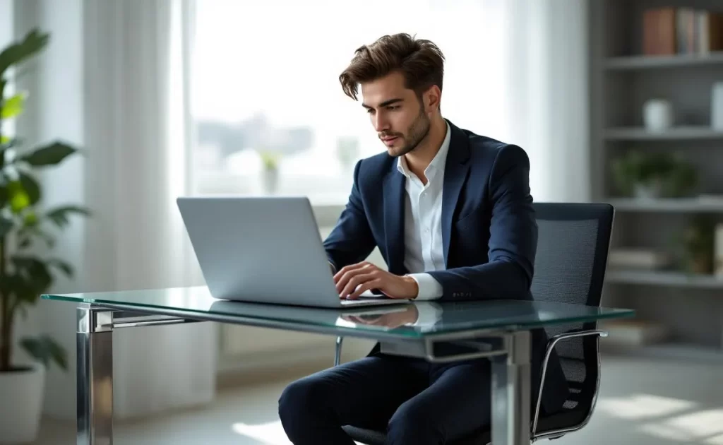 Un jeune homme élégant assis à un bureau moderne regarde attentivement un ordinateur portable lors d'une formation en ligne.