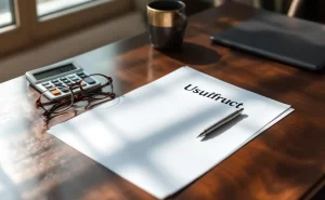 Bureau de notaire avec documents intitulés « Usufruit », lunettes, stylo et calculatrice sous une lumière naturelle.