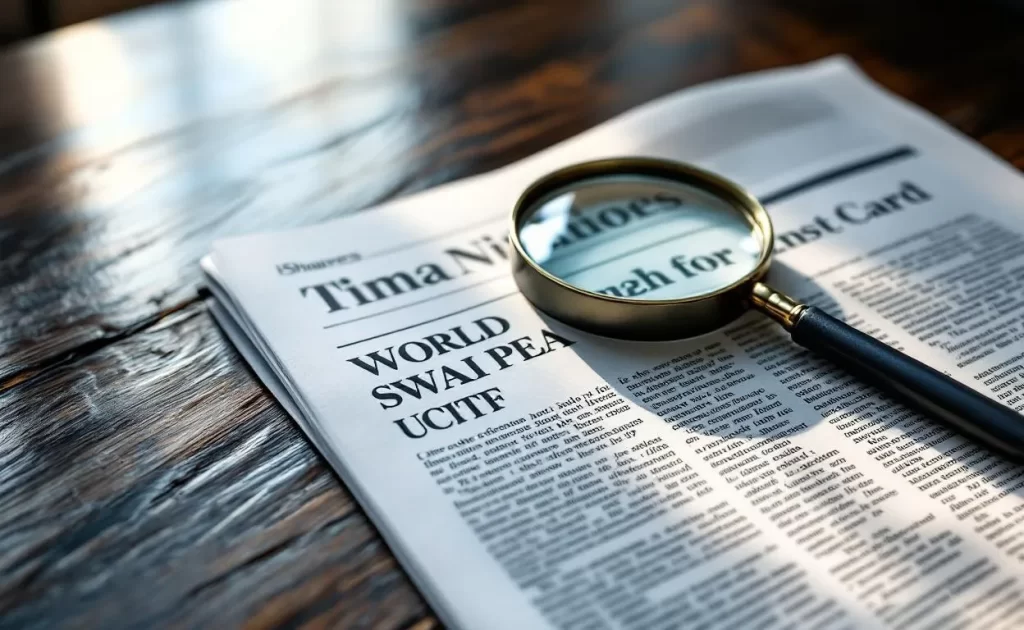 Un journal financier posé sur un bureau en bois élégant avec une loupe sur la section iShares MSCI World Swap PEA UCITS ETF sous une lumière matinale douce.