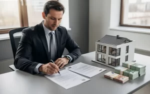 Un professionnel en costume examine des documents hypothécaires à côté d'une maquette de maison moderne et de liasses de billets en euros, à la lumière du jour.