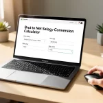 Un ordinateur portable moderne affiche un calculateur de conversion de salaire brut en net, une main prête à cliquer sur la souris dans un espace de travail lumineux.
