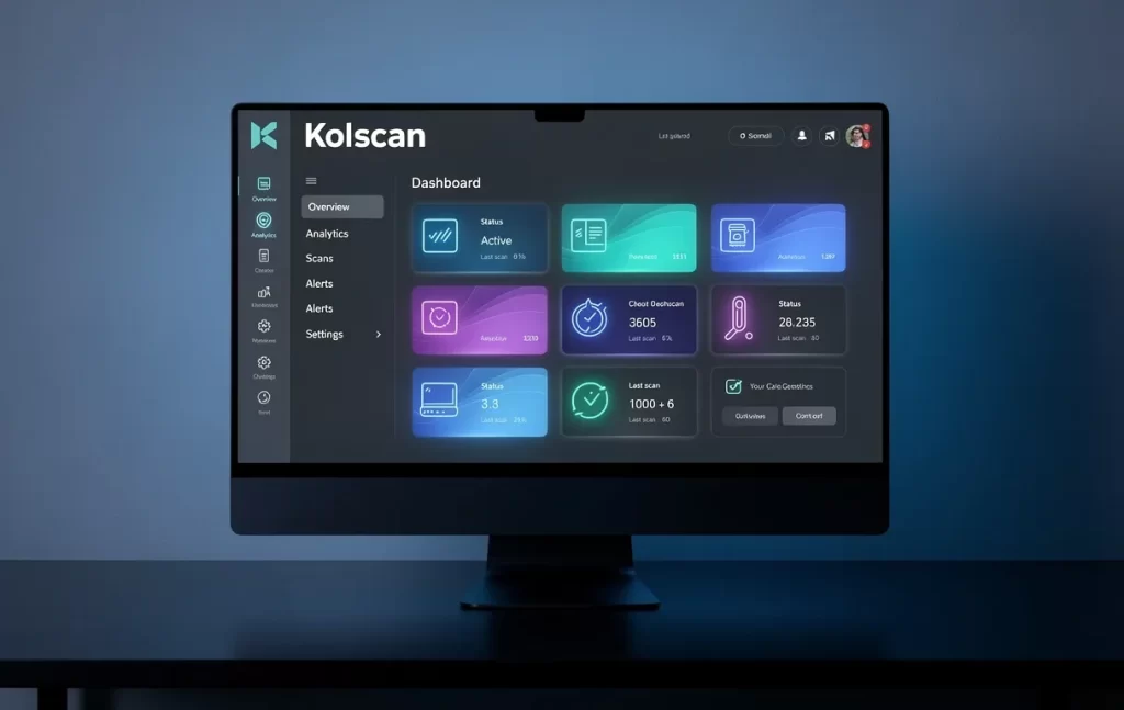 Un écran d’ordinateur moderne affiche le tableau de bord Kolscan avec des icônes lumineuses dans une ambiance bleutée.