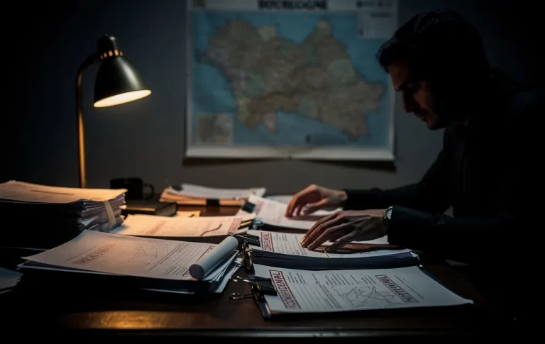 Un personnage sombre assis à un bureau faiblement éclairé, entouré de documents confidentiels et d'une carte floue de Bourgogne au mur.