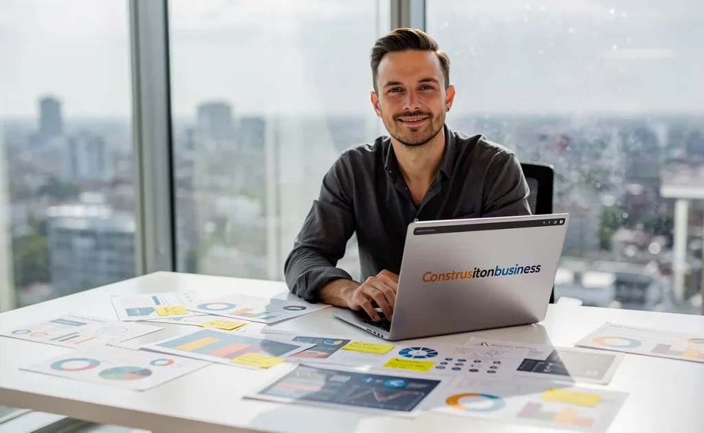 Un entrepreneur assis à un bureau moderne examine des documents colorés de startup devant un ordinateur portable affichant le logo Construistonbusiness, baigné par la lumière du jour.