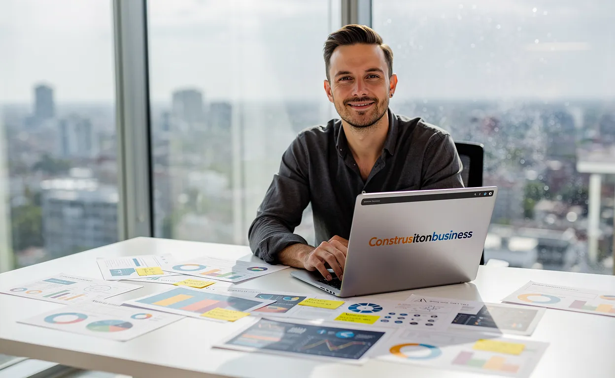 Un entrepreneur assis à un bureau moderne examine des documents colorés de startup devant un ordinateur portable affichant le logo Construistonbusiness, baigné par la lumière du jour.