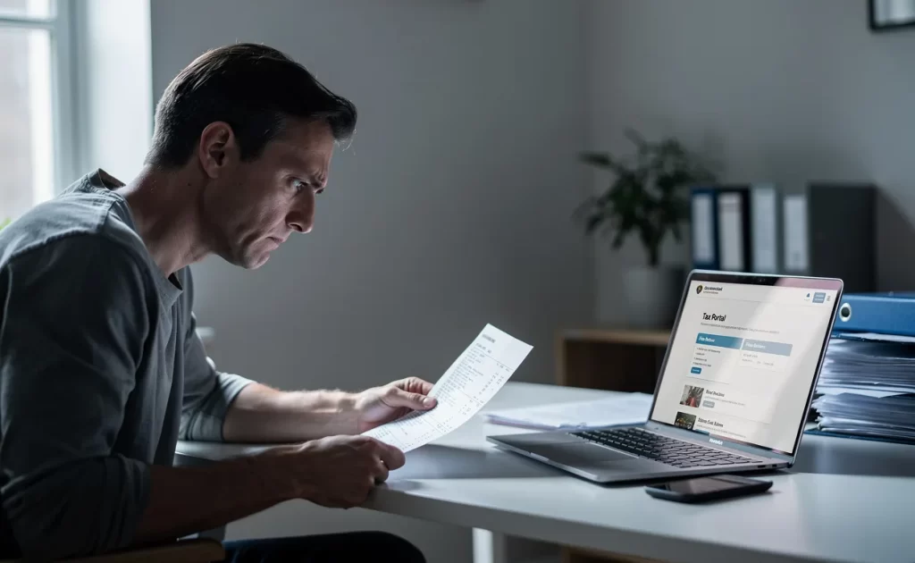 Une personne assise à un bureau regarde avec perplexité un relevé bancaire à côté d’un ordinateur portable affichant un site fiscal, dans une pièce éclairée par la lumière du jour.