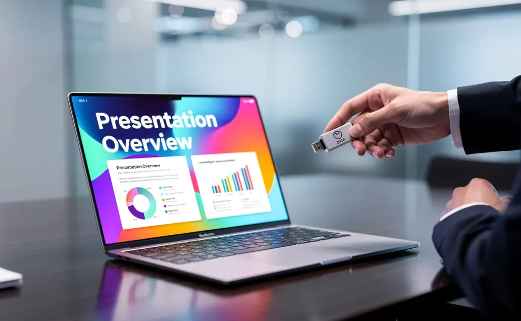 Un ordinateur portable posé sur un bureau lisse affiche une diapositive PowerPoint colorée tandis qu’une personne tend une clé USB de marque dans une ambiance élégante à l’éclairage froid.
