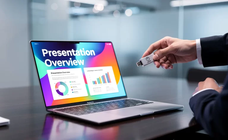 Un ordinateur portable posé sur un bureau lisse affiche une diapositive PowerPoint colorée tandis qu’une personne tend une clé USB de marque dans une ambiance élégante à l’éclairage froid.