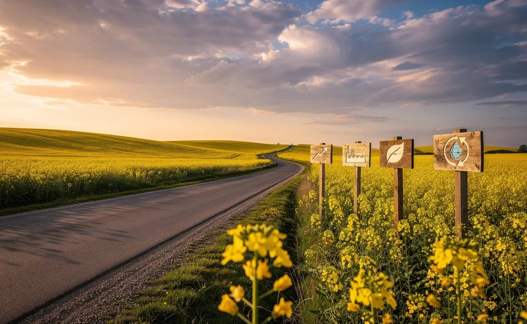 Des champs de colza jaunes s'étendent jusqu'à l'horizon, traversés par une route sinueuse ornée de cinq panneaux portant des symboles économiques et environnementaux sous un ciel nuageux au crépuscule.