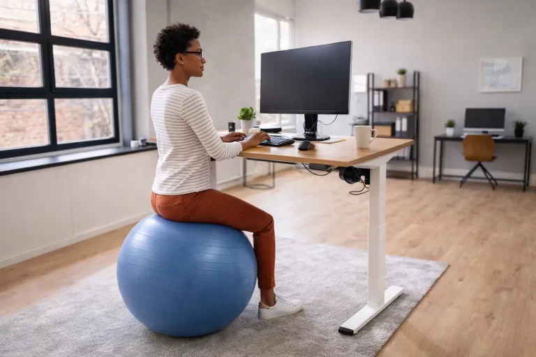 Une femme au bureau assis sur un ballon