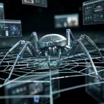 Un arachnide robotique avance sur une toile numérique lumineuse en explorant de nombreuses pages web sous une lueur bleue.