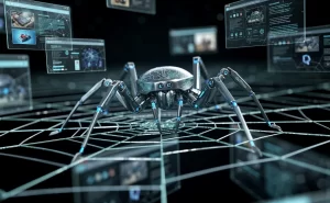Un arachnide robotique avance sur une toile numérique lumineuse en explorant de nombreuses pages web sous une lueur bleue.