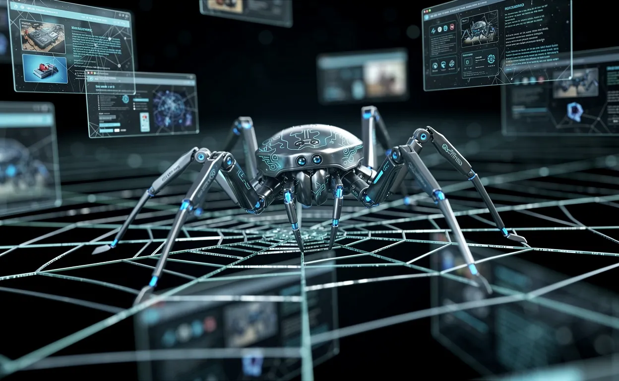 Un arachnide robotique avance sur une toile numérique lumineuse en explorant de nombreuses pages web sous une lueur bleue.