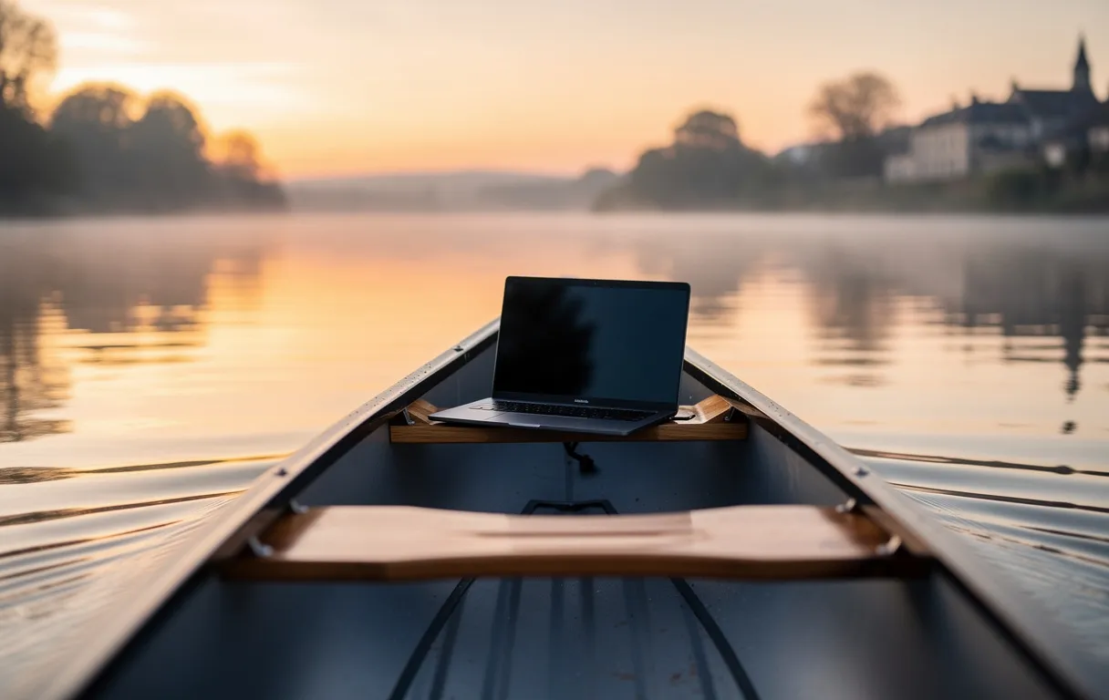 Un canoë élégant flotte sur la rivière Cher au lever du soleil, avec un ordinateur portable ouvert sur le siège en bois et des reflets colorés sur l’eau calme.