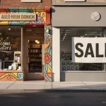 Deux devantures de magasin côte à côte, l’une colorée et personnalisée pour un groupe spécifique, l’autre neutre avec une bannière “soldes”, baignant dans une lumière matinale douce.