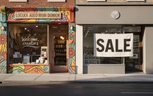 Deux devantures de magasin côte à côte, l’une colorée et personnalisée pour un groupe spécifique, l’autre neutre avec une bannière “soldes”, baignant dans une lumière matinale douce.