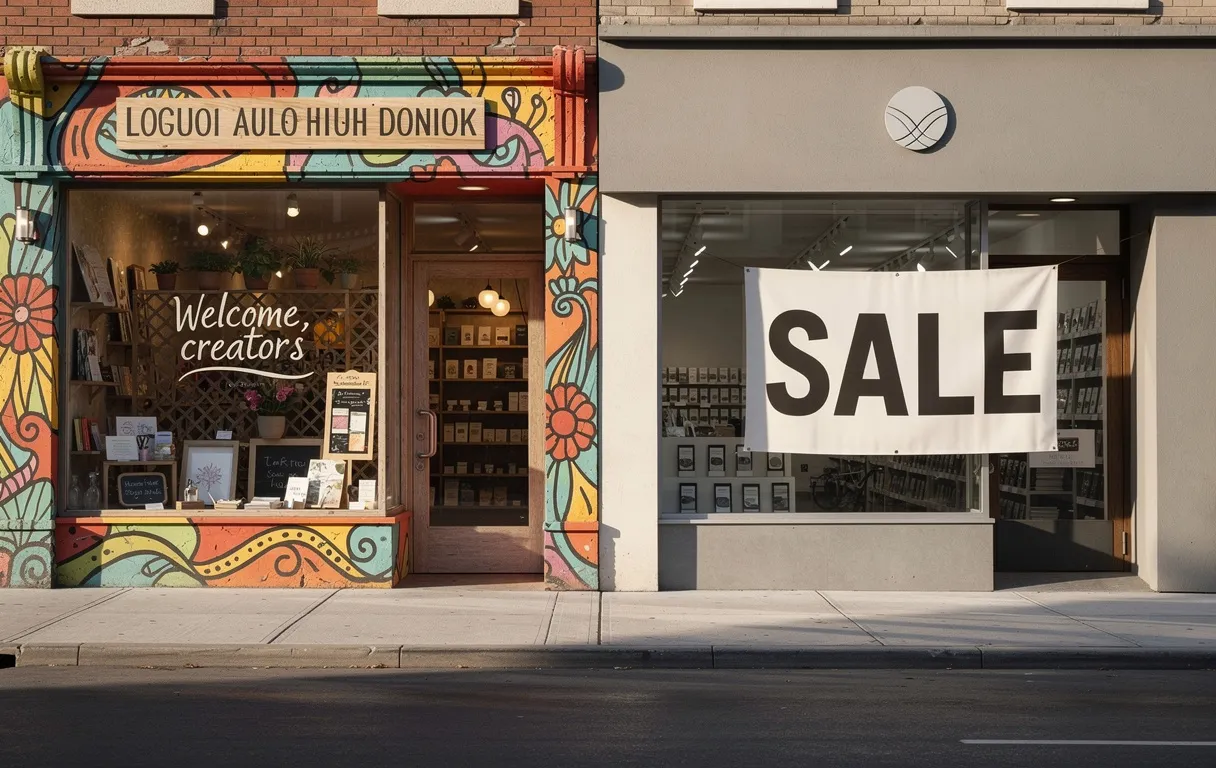 Deux devantures de magasin côte à côte, l’une colorée et personnalisée pour un groupe spécifique, l’autre neutre avec une bannière “soldes”, baignant dans une lumière matinale douce.