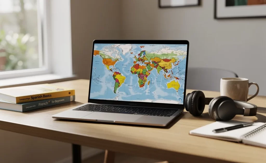 Un bureau moderne bien rangé avec un ordinateur portable affichant une carte du monde, des manuels de langues, un casque audio et de la lumière naturelle provenant d’une fenêtre.