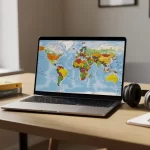 Un bureau moderne bien rangé avec un ordinateur portable affichant une carte du monde, des manuels de langues, un casque audio et de la lumière naturelle provenant d’une fenêtre.