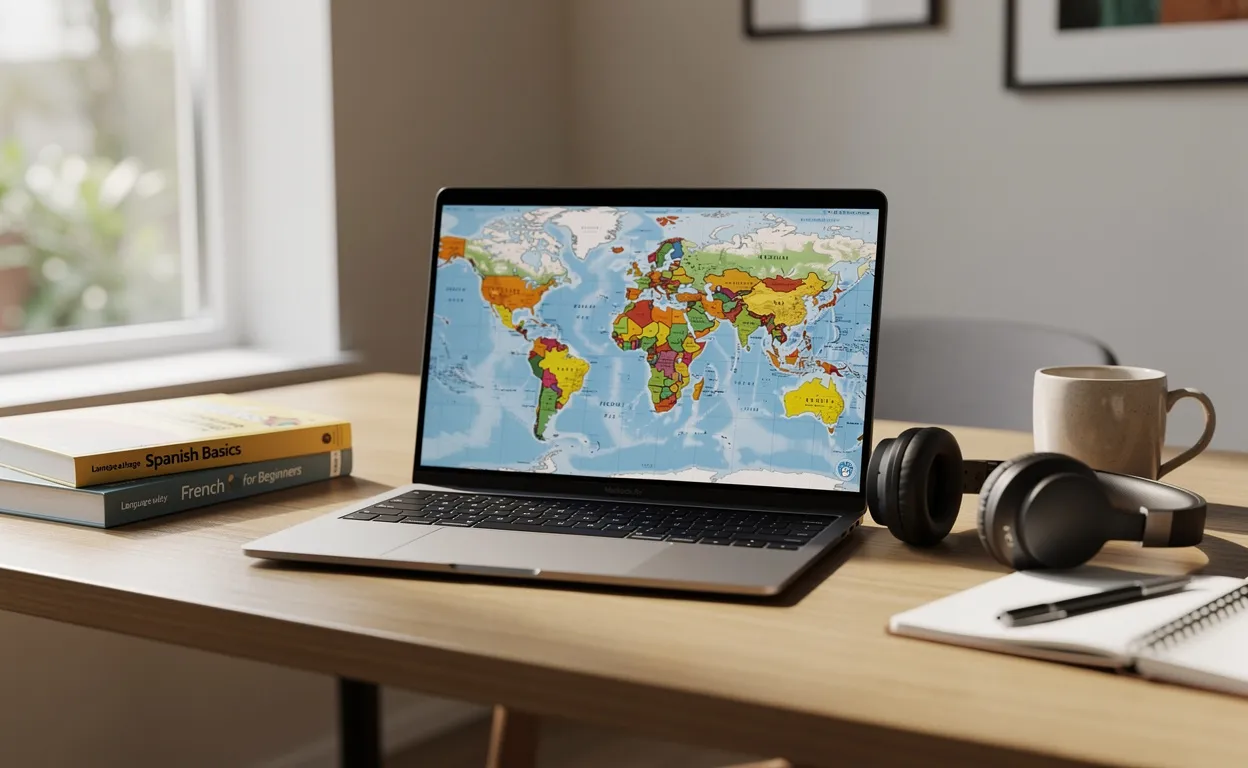 Un bureau moderne bien rangé avec un ordinateur portable affichant une carte du monde, des manuels de langues, un casque audio et de la lumière naturelle provenant d’une fenêtre.