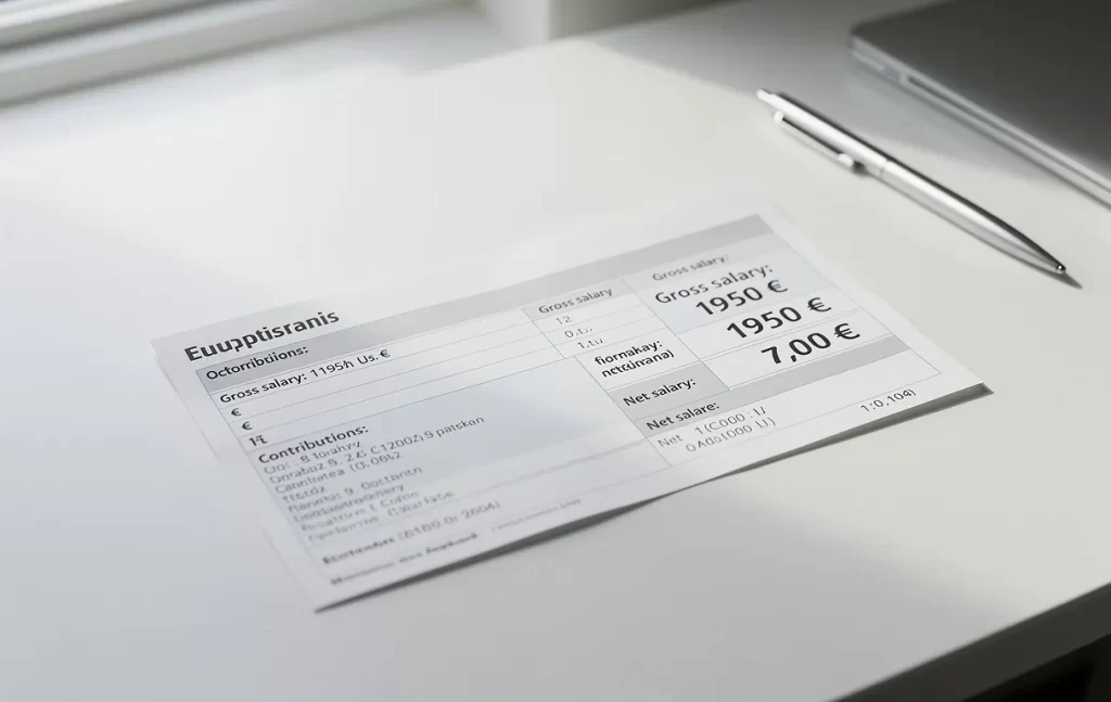 Un bulletin de paie détaillant la conversion d’un salaire brut de 1950 euros en net repose sur un bureau blanc bien rangé sous une lumière naturelle douce.