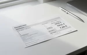 Un bulletin de paie détaillant la conversion d’un salaire brut de 1950 euros en net repose sur un bureau blanc bien rangé sous une lumière naturelle douce.