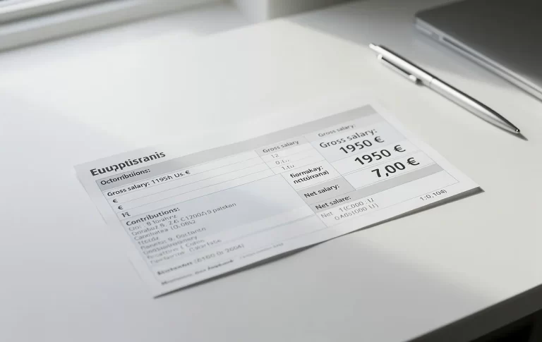 Un bulletin de paie détaillant la conversion d’un salaire brut de 1950 euros en net repose sur un bureau blanc bien rangé sous une lumière naturelle douce.