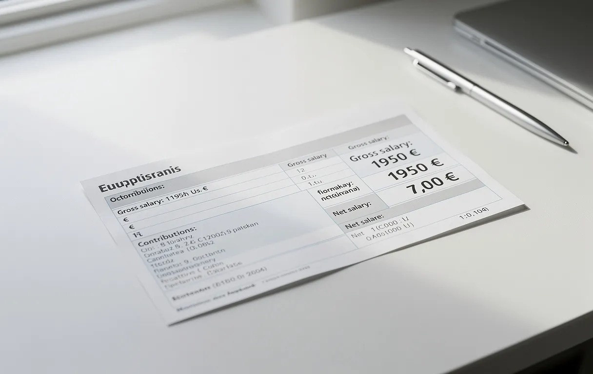 Un bulletin de paie détaillant la conversion d’un salaire brut de 1950 euros en net repose sur un bureau blanc bien rangé sous une lumière naturelle douce.
