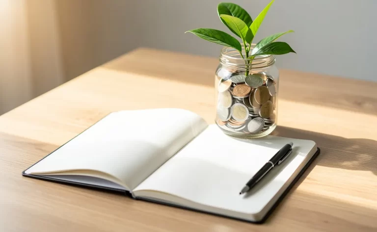 Un carnet ouvert est posé à côté d’un bocal de pièces de monnaie duquel pousse une petite plante verte sur un bureau en bois éclairé par une lumière douce.
