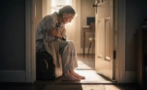Une personne frêle en pyjama, assise sur une valise près d’une porte d’appartement ouverte, tient une couverture sous une lumière d’après-midi.