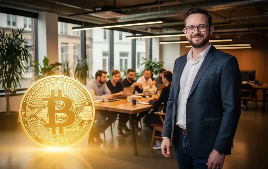 Eric Larchevêque se tient près d’un grand symbole lumineux de Bitcoin dans un espace de coworking moderne où un groupe diversifié discute autour d’une table.