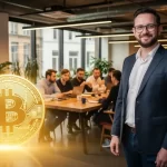 Eric Larchevêque se tient près d’un grand symbole lumineux de Bitcoin dans un espace de coworking moderne où un groupe diversifié discute autour d’une table.