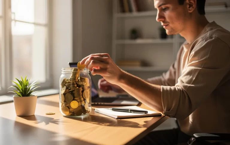 Un travailleur indépendant range des pièces dorées dans un bocal en verre sur un bureau ordonné éclairé par la lumière du matin.