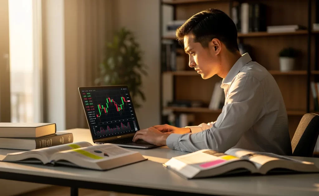 Un jeune professionnel concentré étudie des graphiques financiers sur un ordinateur portable à un bureau moderne, entouré de livres ouverts et éclairé par la lumière naturelle d’une fenêtre.
