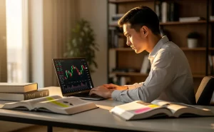 Un jeune professionnel concentré étudie des graphiques financiers sur un ordinateur portable à un bureau moderne, entouré de livres ouverts et éclairé par la lumière naturelle d’une fenêtre.