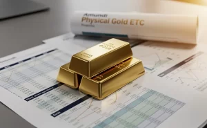 Des lingots d’or empilés sont posés sur un rapport financier poli avec un prospectus Amundi Physical Gold ETC en arrière-plan.