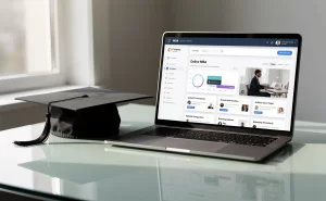 Un ordinateur portable moderne affichant une interface de MBA en ligne repose sur un bureau élégant, accompagné d’un mortier de diplômé sous une lumière matinale douce.