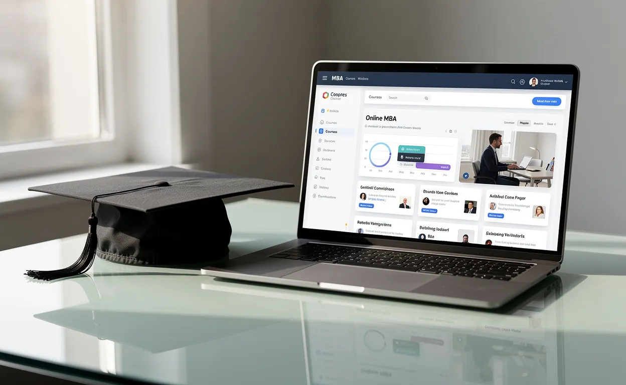 Un ordinateur portable moderne affichant une interface de MBA en ligne repose sur un bureau élégant, accompagné d’un mortier de diplômé sous une lumière matinale douce.