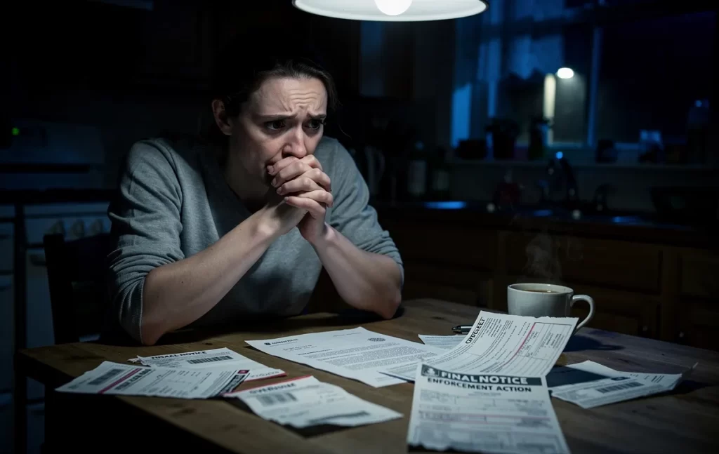 Une personne inquiète est assise à une table de cuisine la nuit, entourée de factures impayées et d’une lettre officielle d’huissier sous une lumière tamisée.