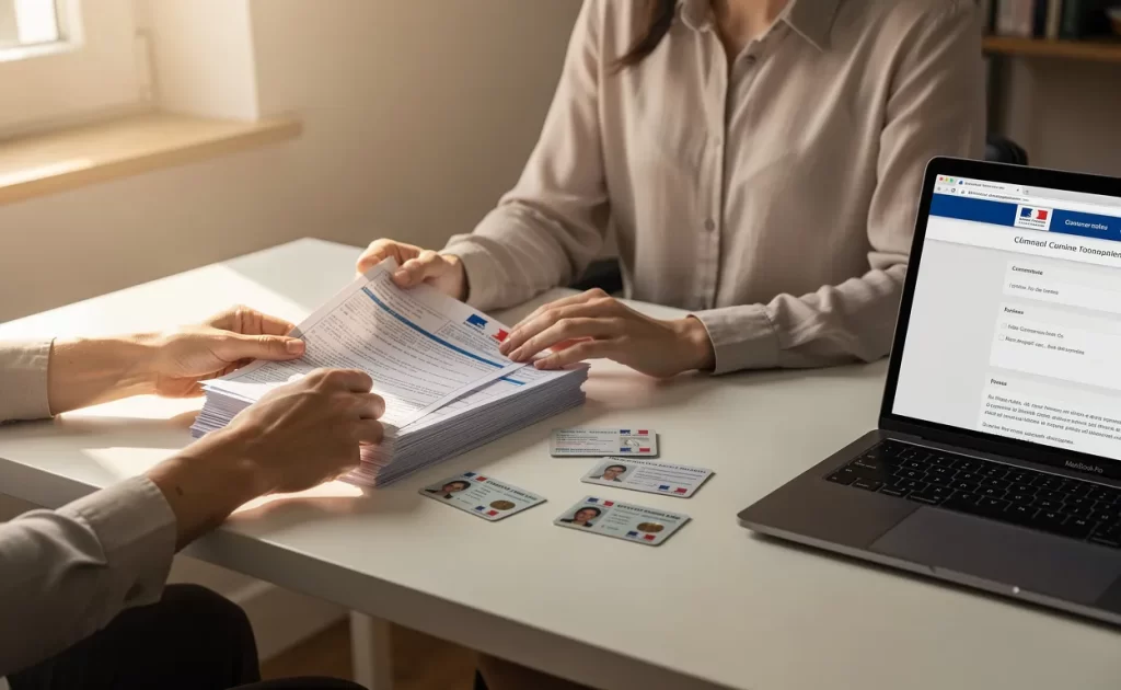 Une personne range calmement des documents officiels et des cartes d’identité françaises sur un bureau ordonné, à côté d’un ordinateur portable ouvert sur un site gouvernemental, sous une lumière douce.
