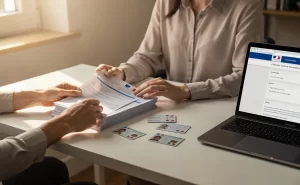 Une personne range calmement des documents officiels et des cartes d’identité françaises sur un bureau ordonné, à côté d’un ordinateur portable ouvert sur un site gouvernemental, sous une lumière douce.