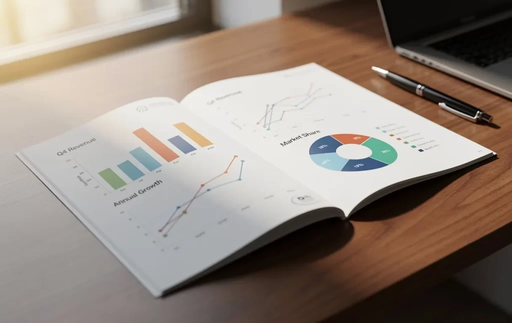 Un rapport financier moderne ouvert sur un bureau élégant présente des graphiques éclairés par la lumière du jour.