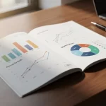 Un rapport financier moderne ouvert sur un bureau élégant présente des graphiques éclairés par la lumière du jour.