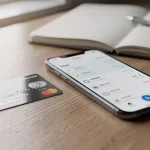 Carte bancaire et smartphone affichant un relevé numérique avec le mot ADIS, posés sur un bureau ordonné éclairé par une lumière naturelle douce.