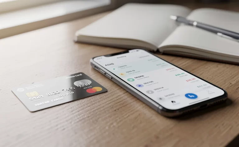 Carte bancaire et smartphone affichant un relevé numérique avec le mot ADIS, posés sur un bureau ordonné éclairé par une lumière naturelle douce.