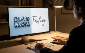 Une personne assise à un bureau moderne transforme des lettres robotiques affichées à l’écran en une écriture manuscrite fluide, dans une ambiance chaleureuse et sereine.