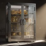 Un coffre-fort moderne en verre contenant des objets dorés et des clés est éclairé par un rayon de soleil, projetant des ombres marquées sur des étagères poussiéreuses.