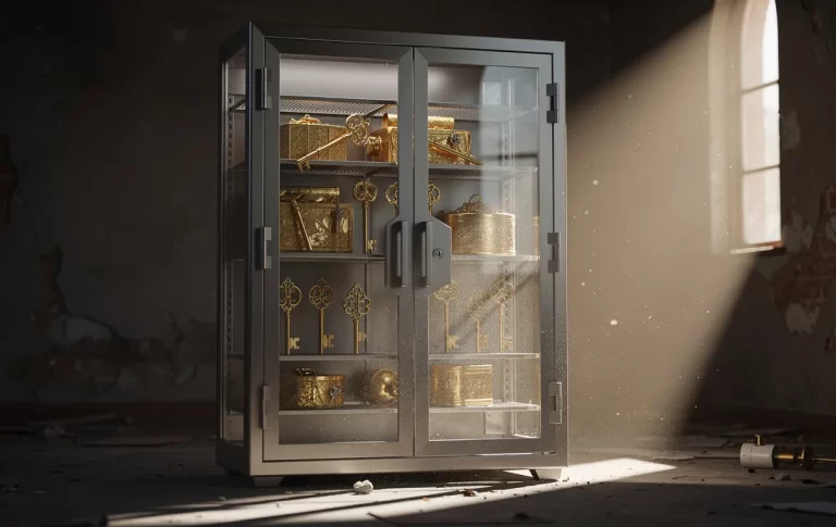 Un coffre-fort moderne en verre contenant des objets dorés et des clés est éclairé par un rayon de soleil, projetant des ombres marquées sur des étagères poussiéreuses.