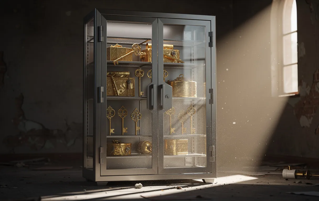 Un coffre-fort moderne en verre contenant des objets dorés et des clés est éclairé par un rayon de soleil, projetant des ombres marquées sur des étagères poussiéreuses.