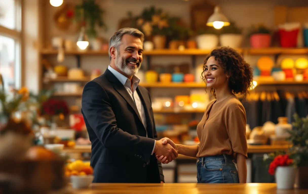 Un commerçant souriant serre la main d’un client fidèle dans une boutique chaleureusement éclairée, entourés de produits colorés.